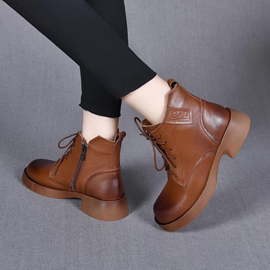 Leather boots women's new first-layer cowhide Martin boots round head lace-up flat boots short boots comfortable locomotive boots
