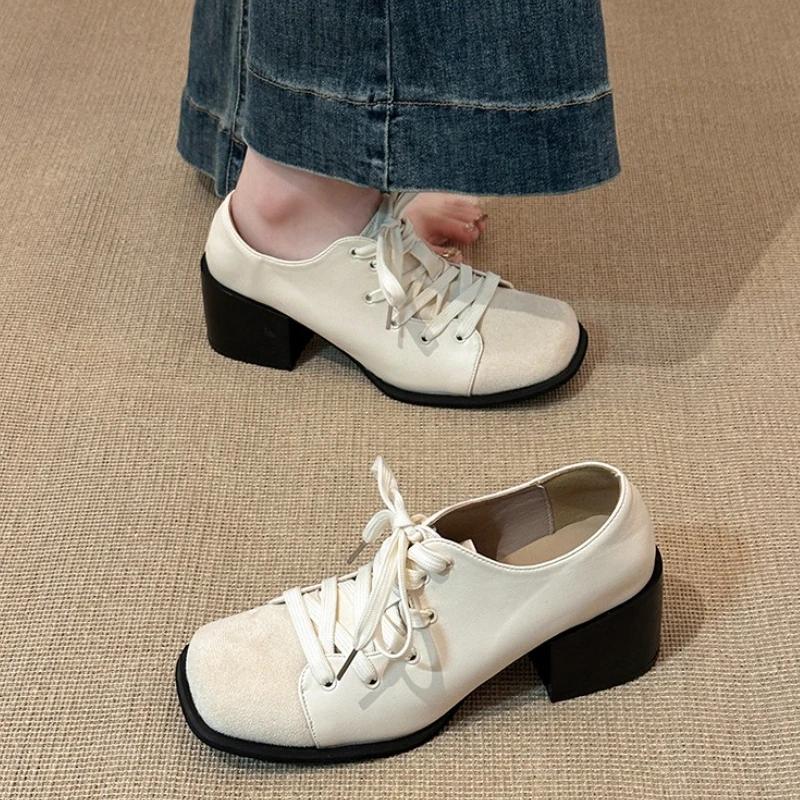Autumn Winter Vintage Square Toe Thick Heel Women Mary Jane Shoes Street Style Lace Up Party Dress Female Pumps