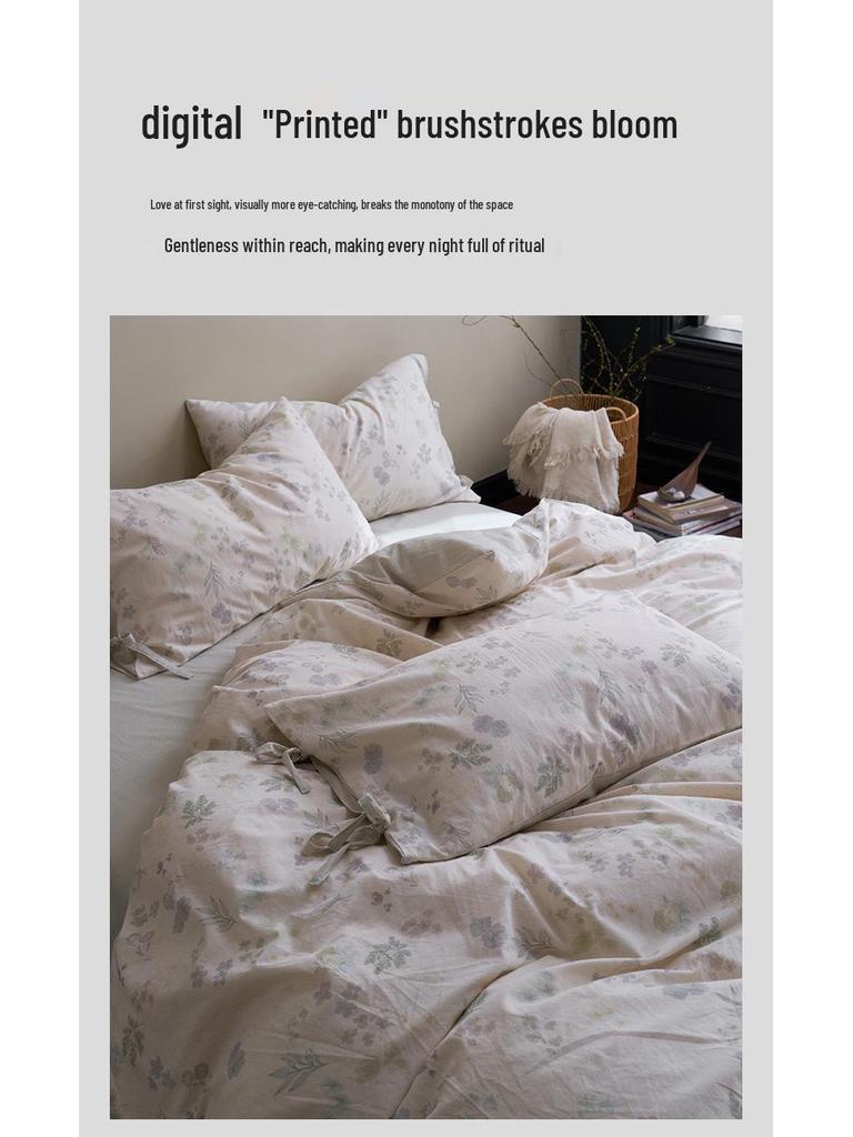 New 2026 A-Class Cotton Linen Digital Print 4-Piece Bedding Set: Fitted Sheet, Duvet Cover, Bed Sheet