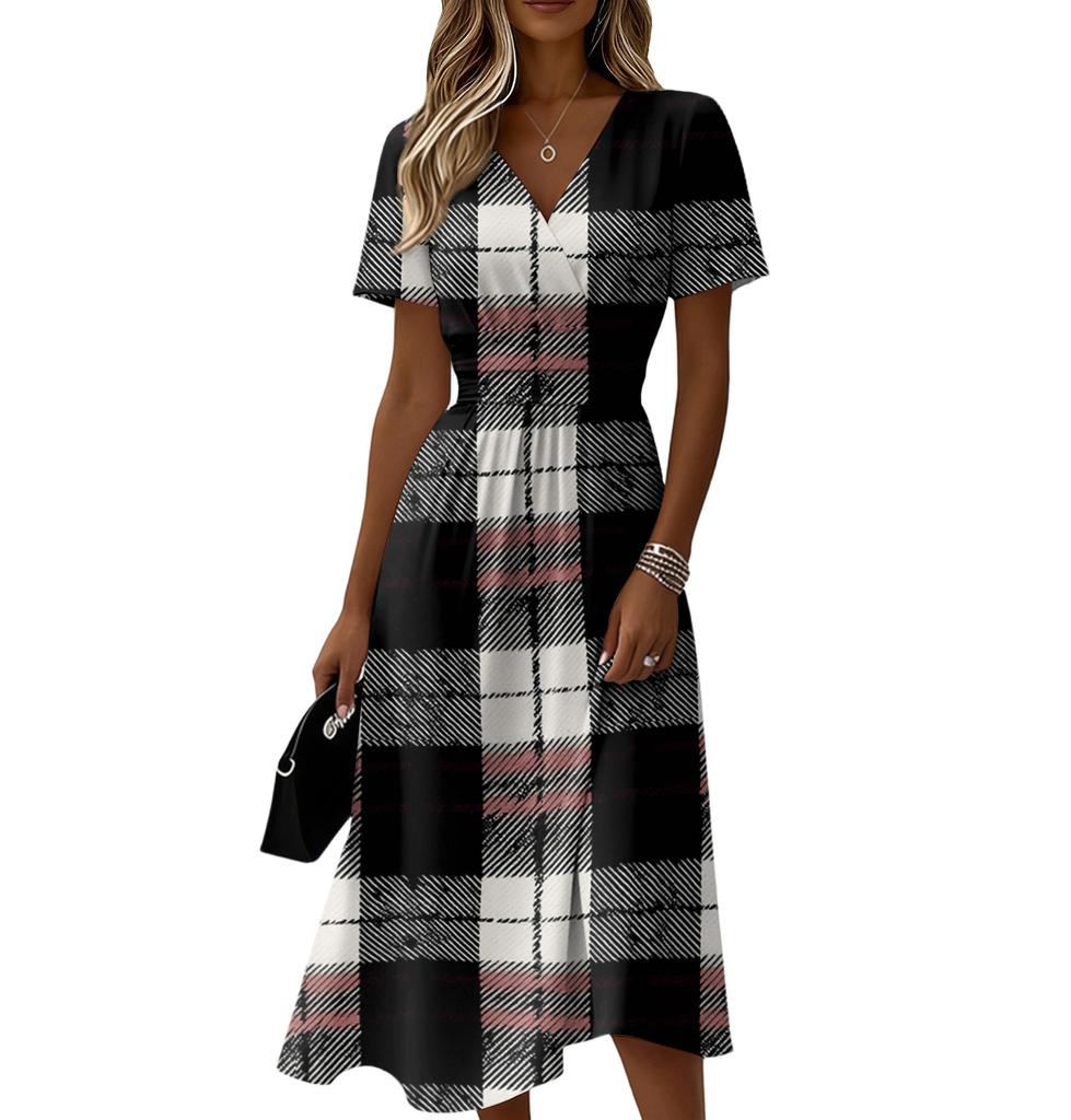 Ladies' Plaid Casual Fashionable Short Sleeved V-neck Dress