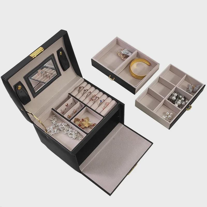 Cutie portabilă de depozitare bijuterii cu trei straturi pentru cercei, coliere și inele