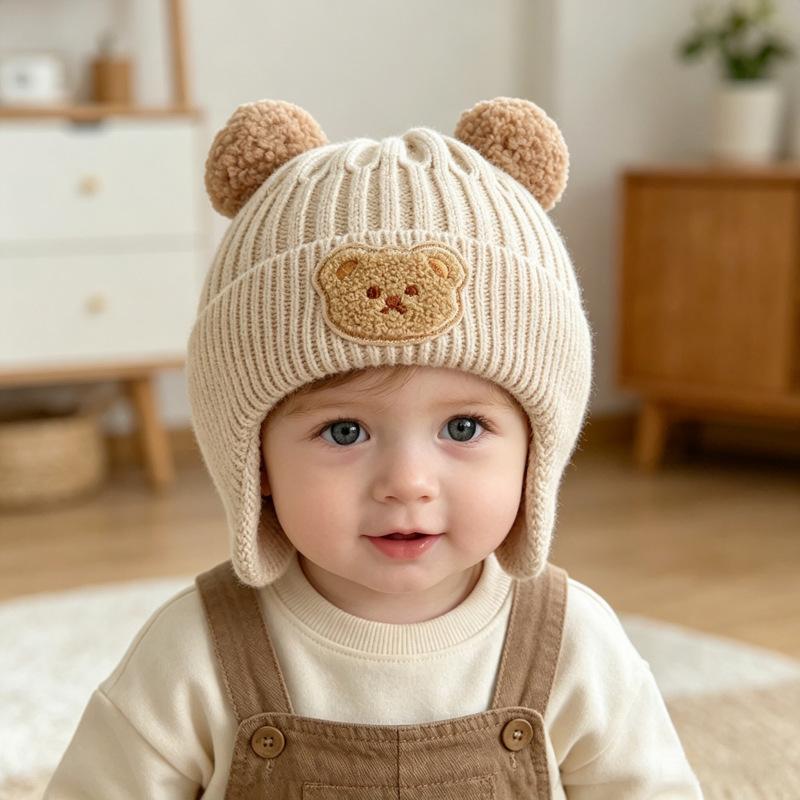Autumn and Winter Children's Thickened Warm Ear Protectors, Boys and Girls Cartoon Wool Knitted Hats, Cute Bear Integrated Hats