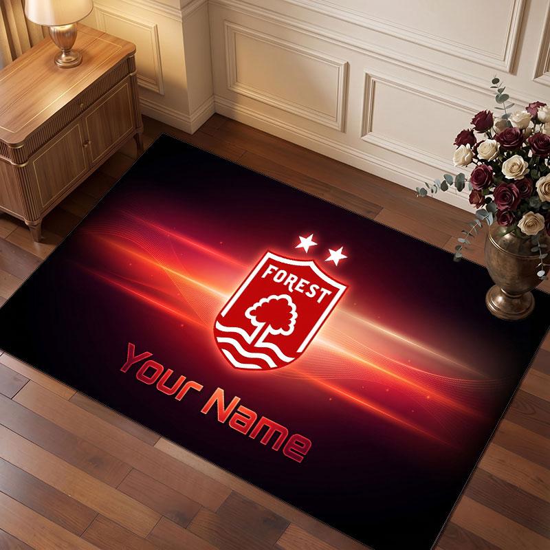 Nottingham Forest Benutzerdefinierter Kristall-Samt-Teppich, Personalisierter Namens-Textdruck, Fußball-Logo Weiche Rutschfeste Fußmatte Heimdekoration Geschenk