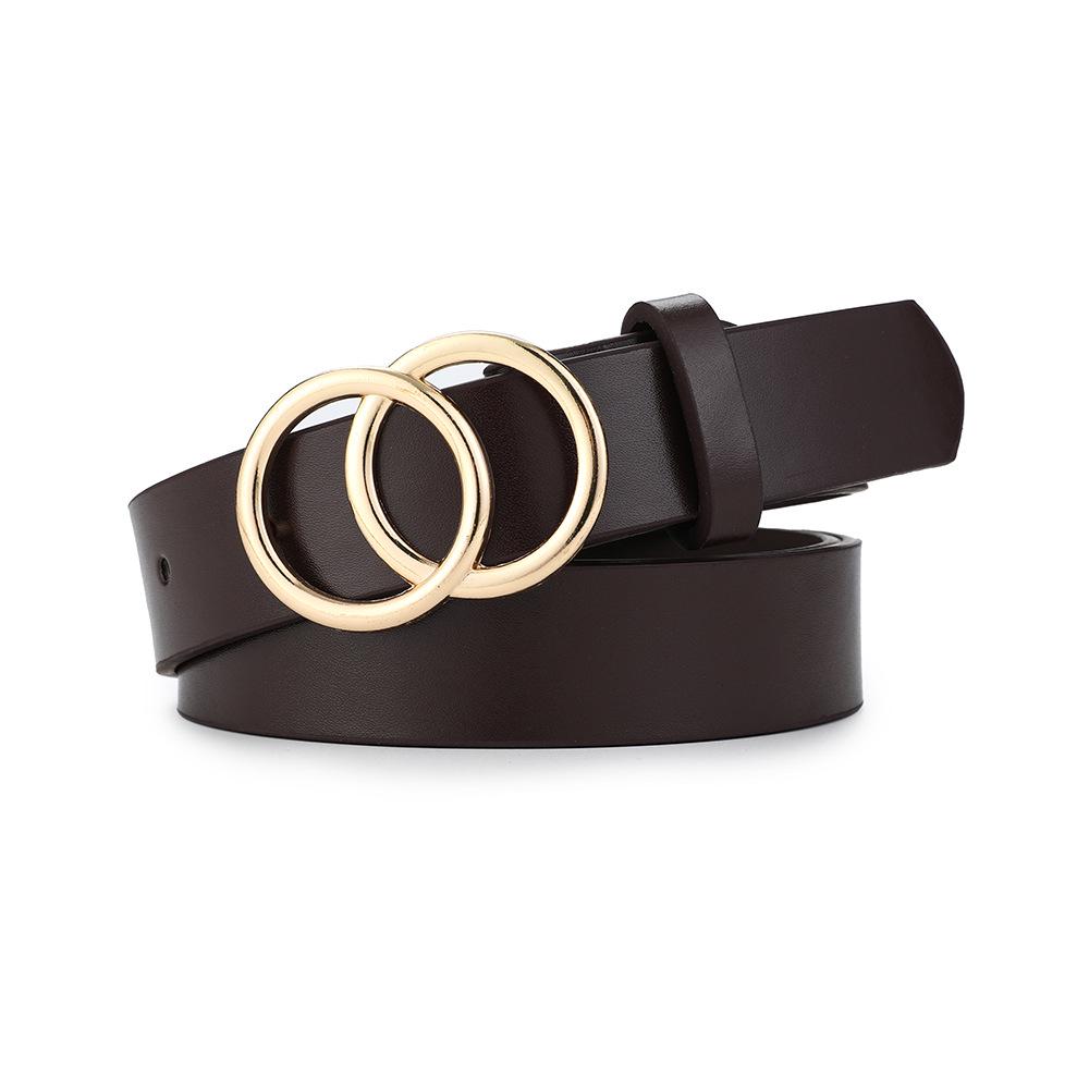 Women's Black Minimalist Double O Buckle Leather Belt – Korean-Style Waistband, Thin Fashion Accessory for Skirts and Jeans