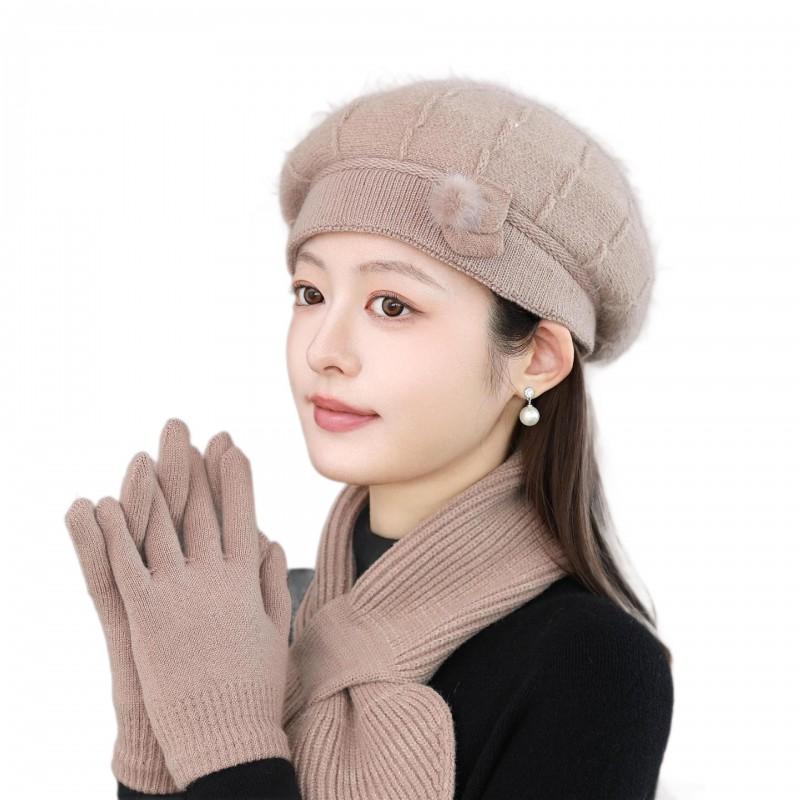 Womens Knitted Beret Hat Winter Warm Rabbit Hair Beanie With Scarf Gloves Set British Style Elegant Cap Cold Weather