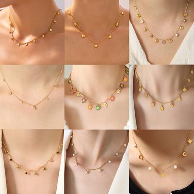 Colar com Várias Franjas e Pingentes Pequenos Para Mulheres Aço Inoxidável Banhado a Ouro 18K Não Mancha Corrente de Pescoço Estilo Bohemia Para Mulheres