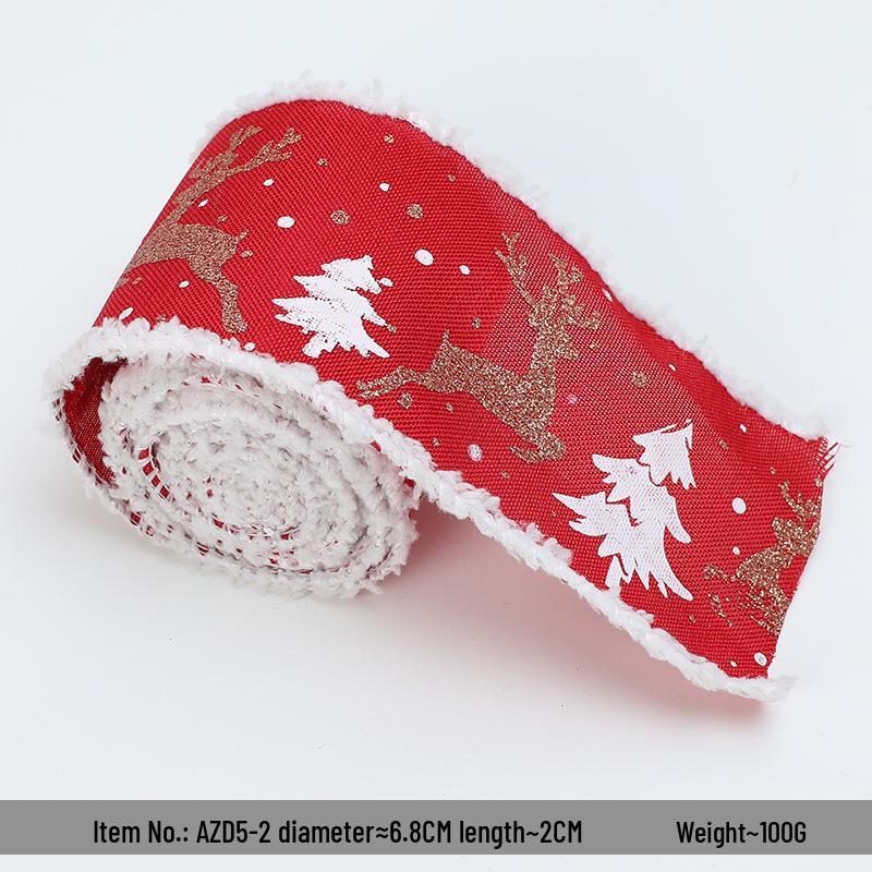 Cross-border Christmas Ribbon: White Plush Edge with Reindeer Design for Gift Box Packaging and Decoration with Gift Ribbon.