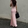 Women's Deep V Neck Short Sleeve Knit Maxi Dress Slim Fit Front Split Bodycon Mermaid Gown