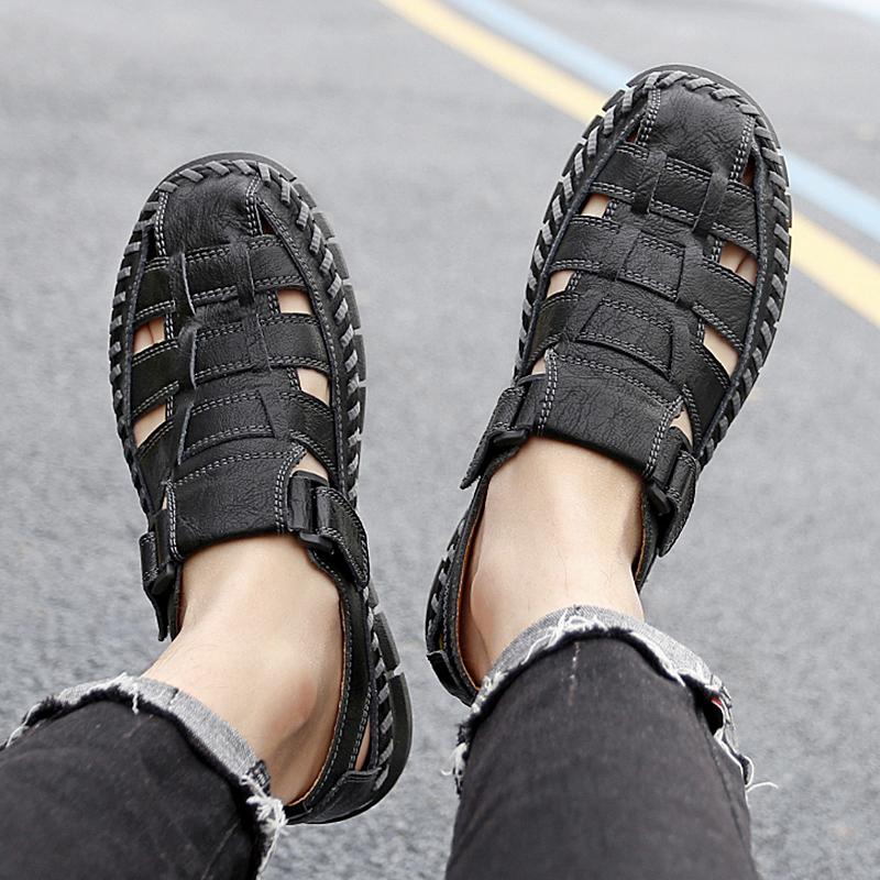 Fashion High-End Flats Leather Italian Men's Sandals Summer New Style Vintage Hollow Out Casual Shoes Comfortable Breathable Footwear