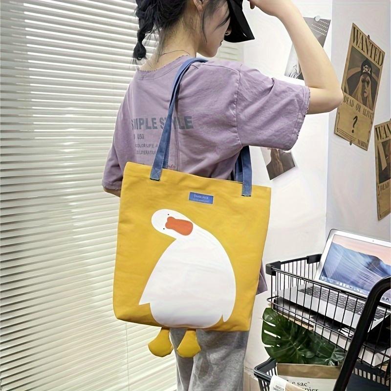 Large Capacity Shoulder Bag, Fun Duck Pattern Canvas Handbag, Suitable for School, Work, And Vacations