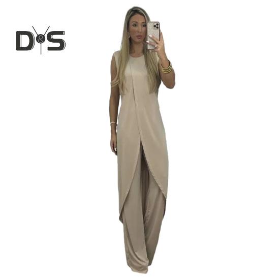 2 Pcs/Set Women Top Pants Set Irregular Hem Wide Leg Solid Color Soft Round Neck Loose Sleeveless Long Blouse Trousers Set