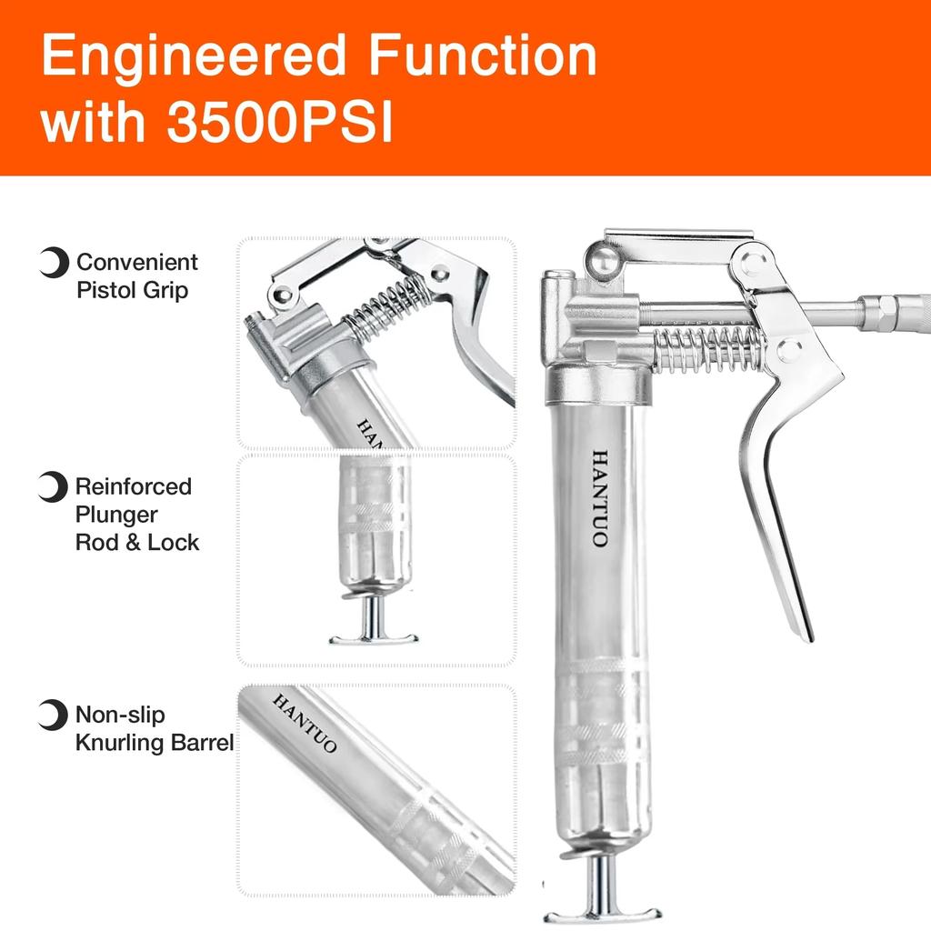 Grease Gun 3000 PSI Pistol Grip 3 oz Load 18Inch Spring Flex Hose 2Grease Couplers 2Extension Rigid Pipes and 1Sharp Type Nozzle