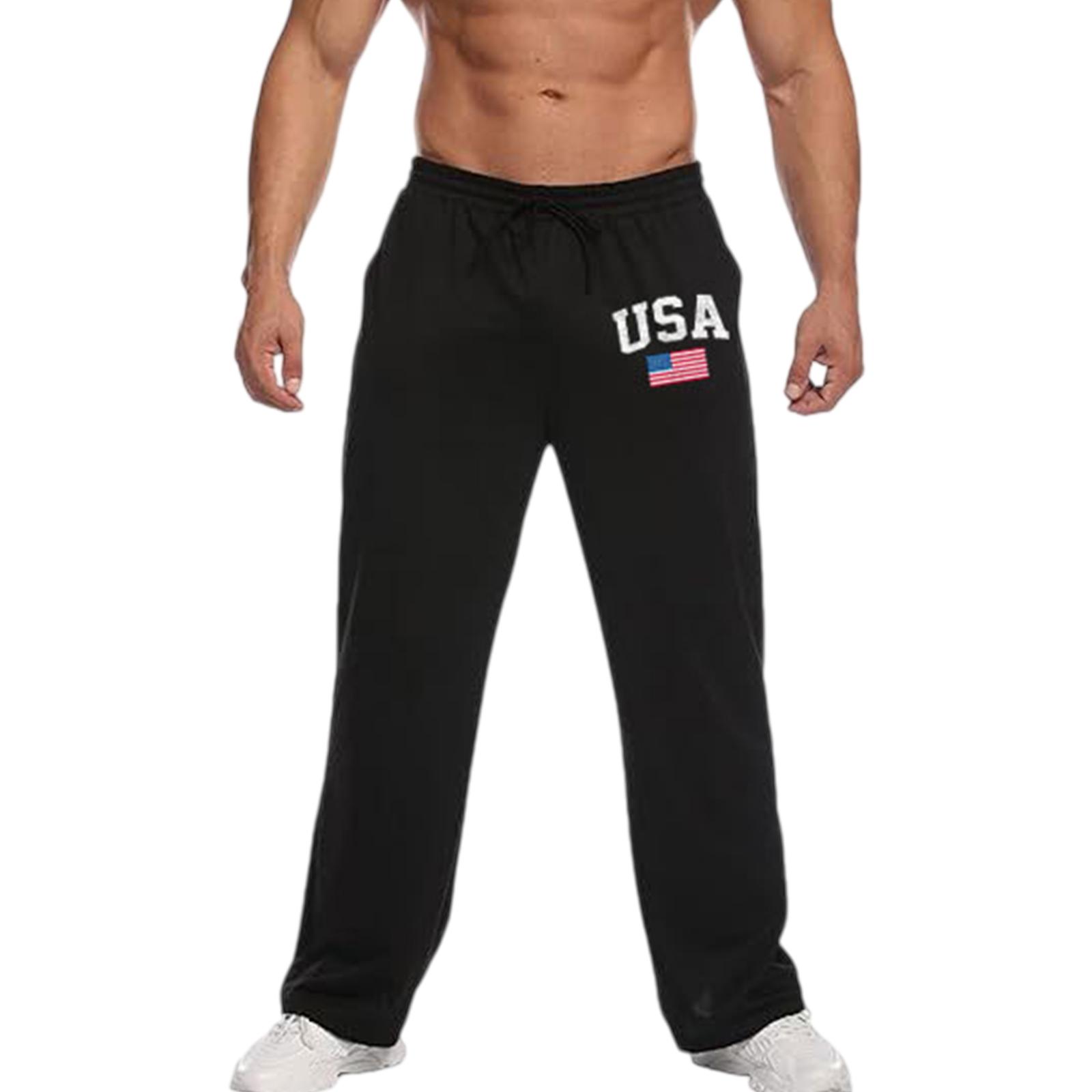 

Men Drawstring Waist Lounge Pants USA Flag Print Loose Fit Casual Trousers Breathable Soft Fabric L чёрный