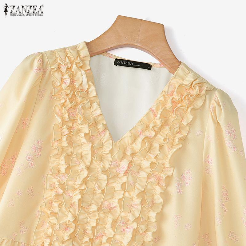 ZANZEA Women Elegant Floral Print Summer Casual V-Neck 3/4 Sleeve Blouse