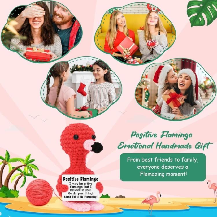 Strickwolle Puppe mit Positivitätskarten Positiver Flamingo Aufmunterung Glücksbringer Geschenk Motivierendes Präsent