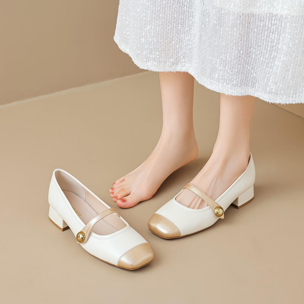Square head single shoes women's summer word with thick heel color matching light mouth Mary Jane shoes
