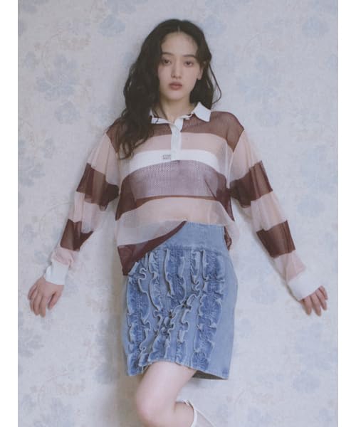 Furfur Rugby Border Mesh Pullover RWNT251137 Pink Women's