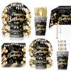Black and Gold Birthday Party Theme: Disposable Happy Birthday Colorful Paper Plates, Cups, and Party Decorations