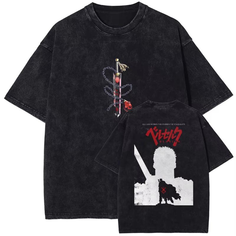 Anime Berserk Griffith Vintage Graphic Washed Tee Men Manga Gothic T-shirts Casual Tshirt Harajuku Male Street Tops