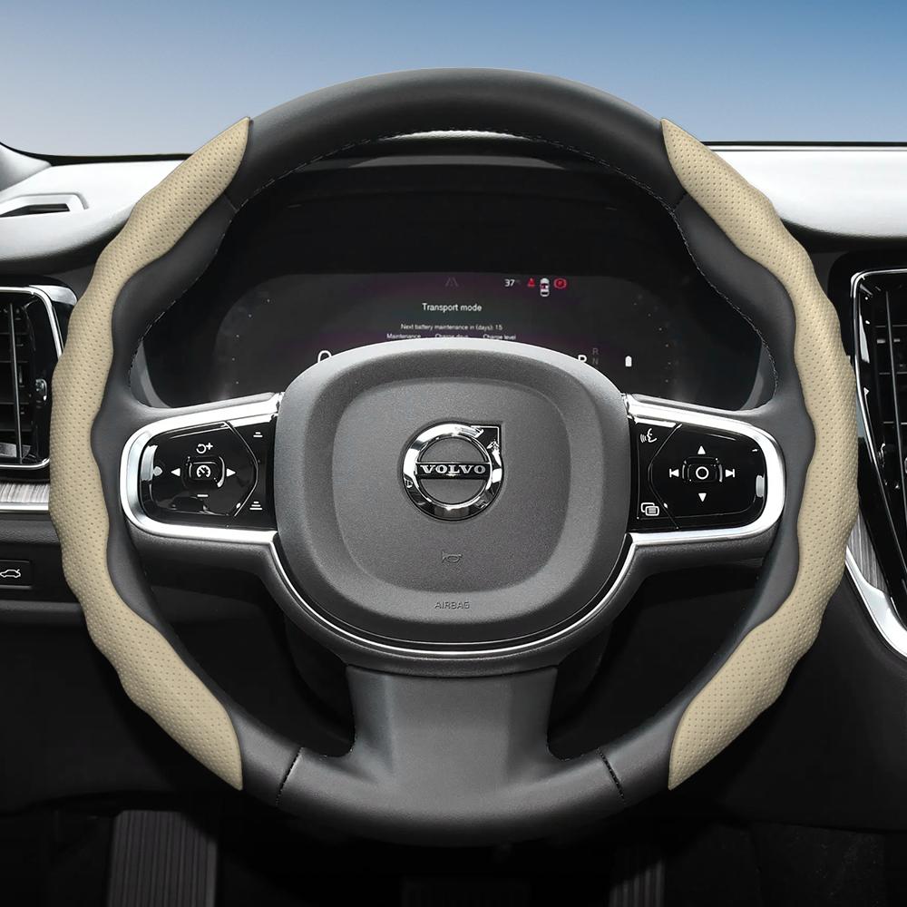 Steering Wheel Cover for Volvo, Wave-Shaped Sporty Design, Breathable Leather, Segmented, Non-Slip, Sweat-Absorb