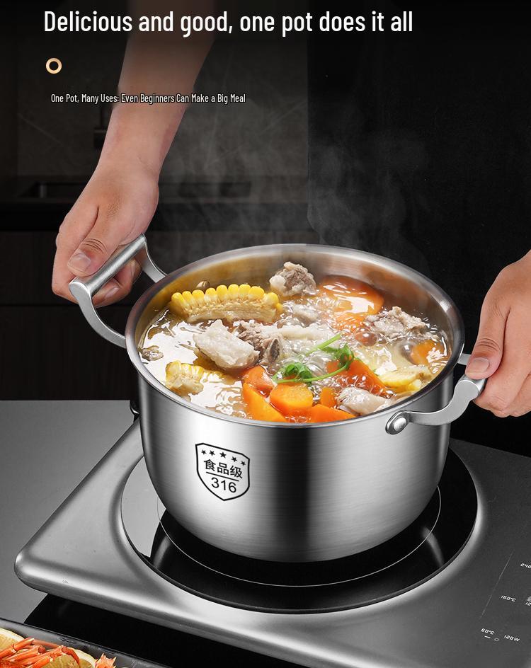 Extra Tall 316 Stainless Steel Stockpot with Anti-Overflow Lid, Large Capacity, No Coating, Perfect for Porridge, Steaming, and Stews.