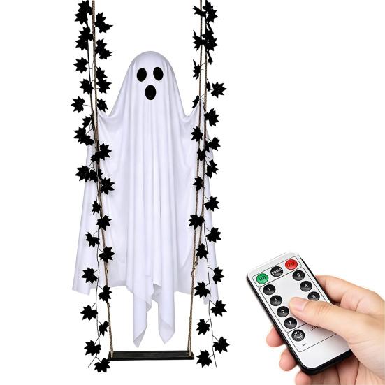 Lightweight Fabric Ghost Prop Halloween Hanging Swing Decoration with Maple Leaf, LED Lighted Large Spooky Tree Ornaments Swinging Remote Control for