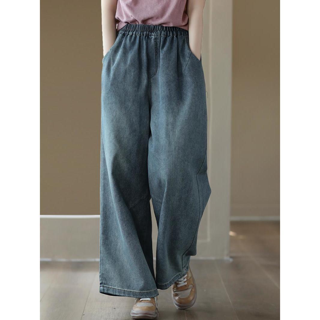 

Новые женские джинсы больших размеров в китайском стиле, эластичные осенние свободные брюки-трубы, повседневные брюки 3XL