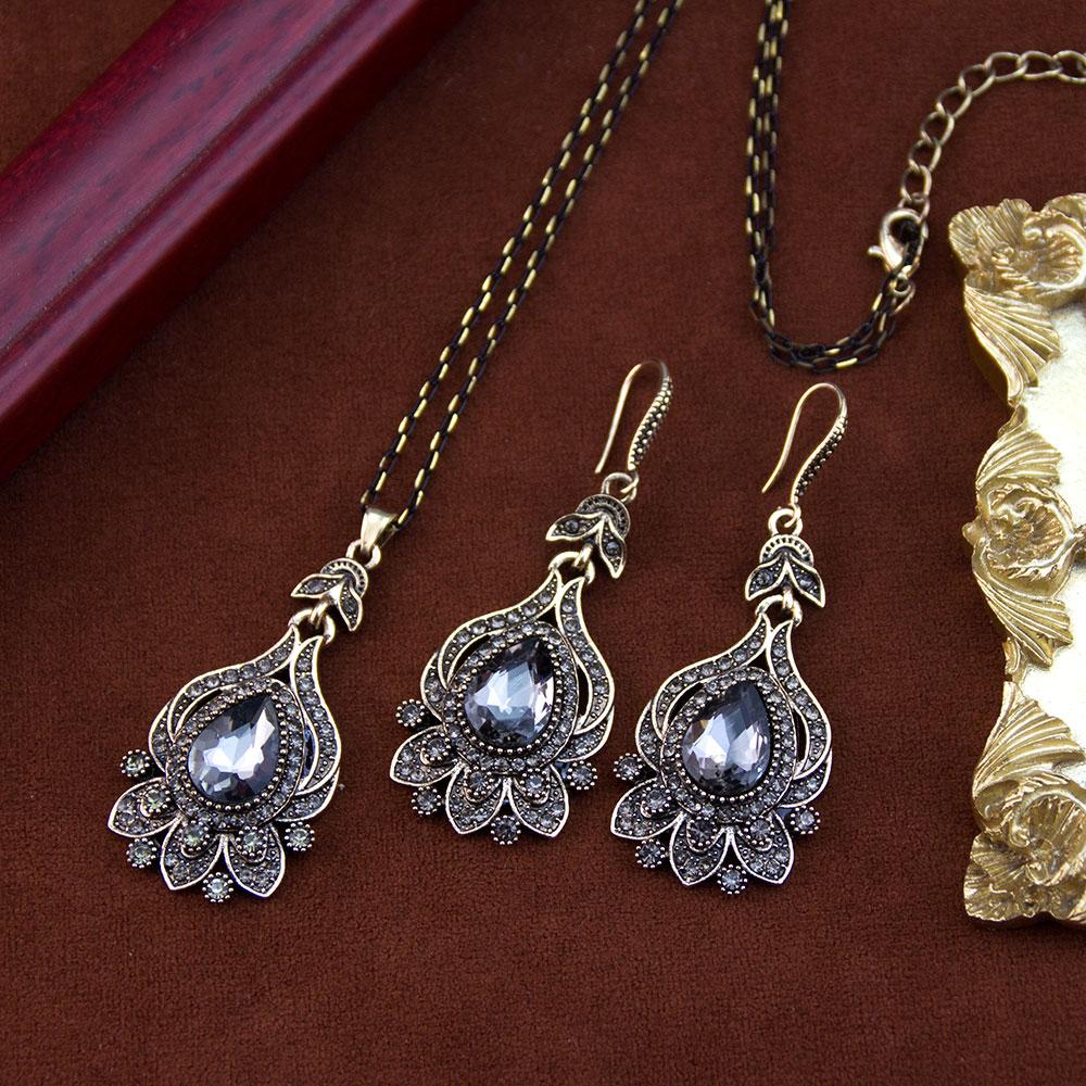 Vintage Damskie Kolczyki Naszyjnik Biżuteria Turecki Styl Czterolistnej Koniczyny Wisiorek Antyczny Złoty Kolor Bohemia Bijoux