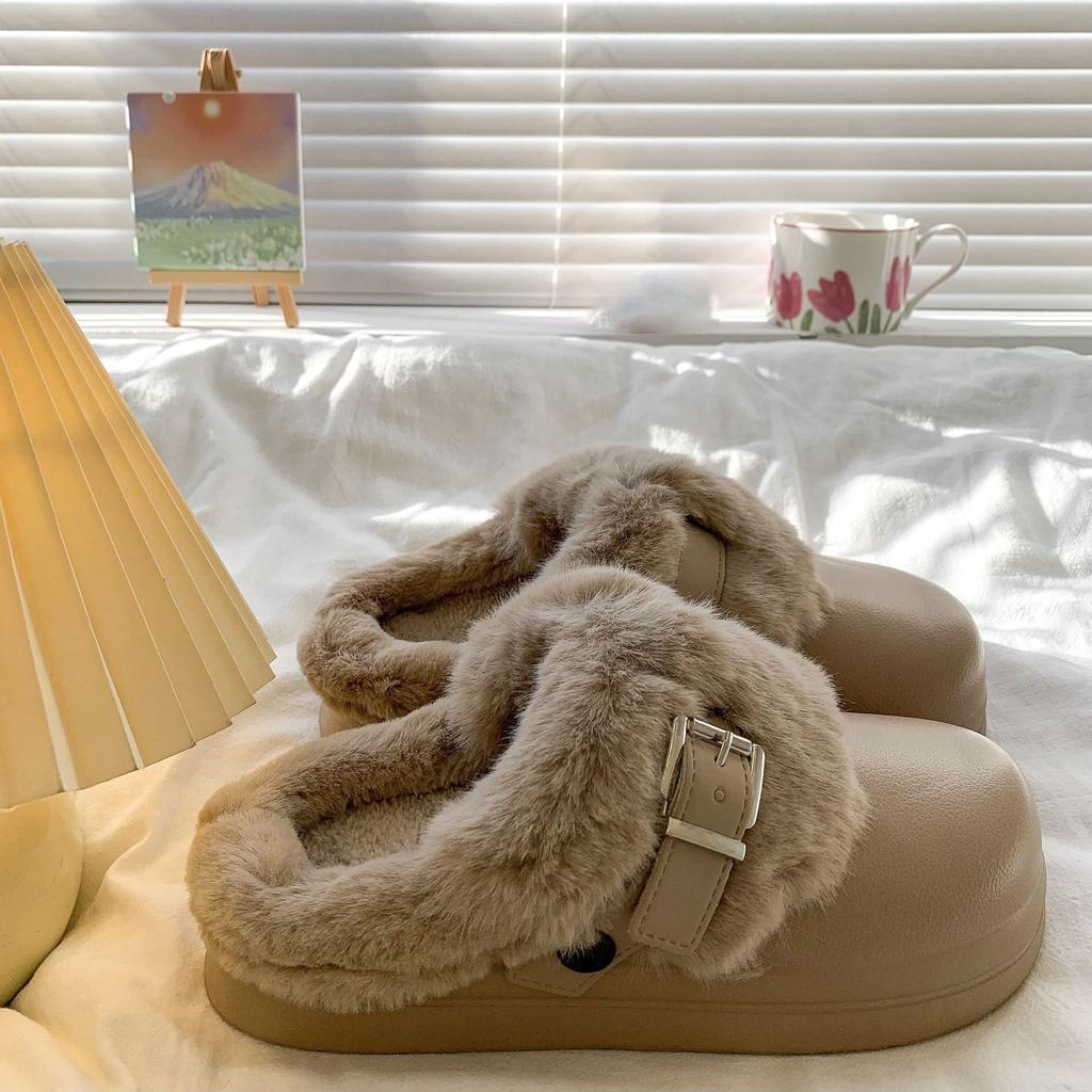 Waterproof Eva Thick Bottom Furry Clogs Women Winter Metal Buckle Fluffy Fur Outdoor Slippers Women's Warm Plush Slippers