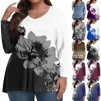 Womens Plus Size Tops Long Sleeve Shirts V Neck Casual Clothing Clothes Printed Tops