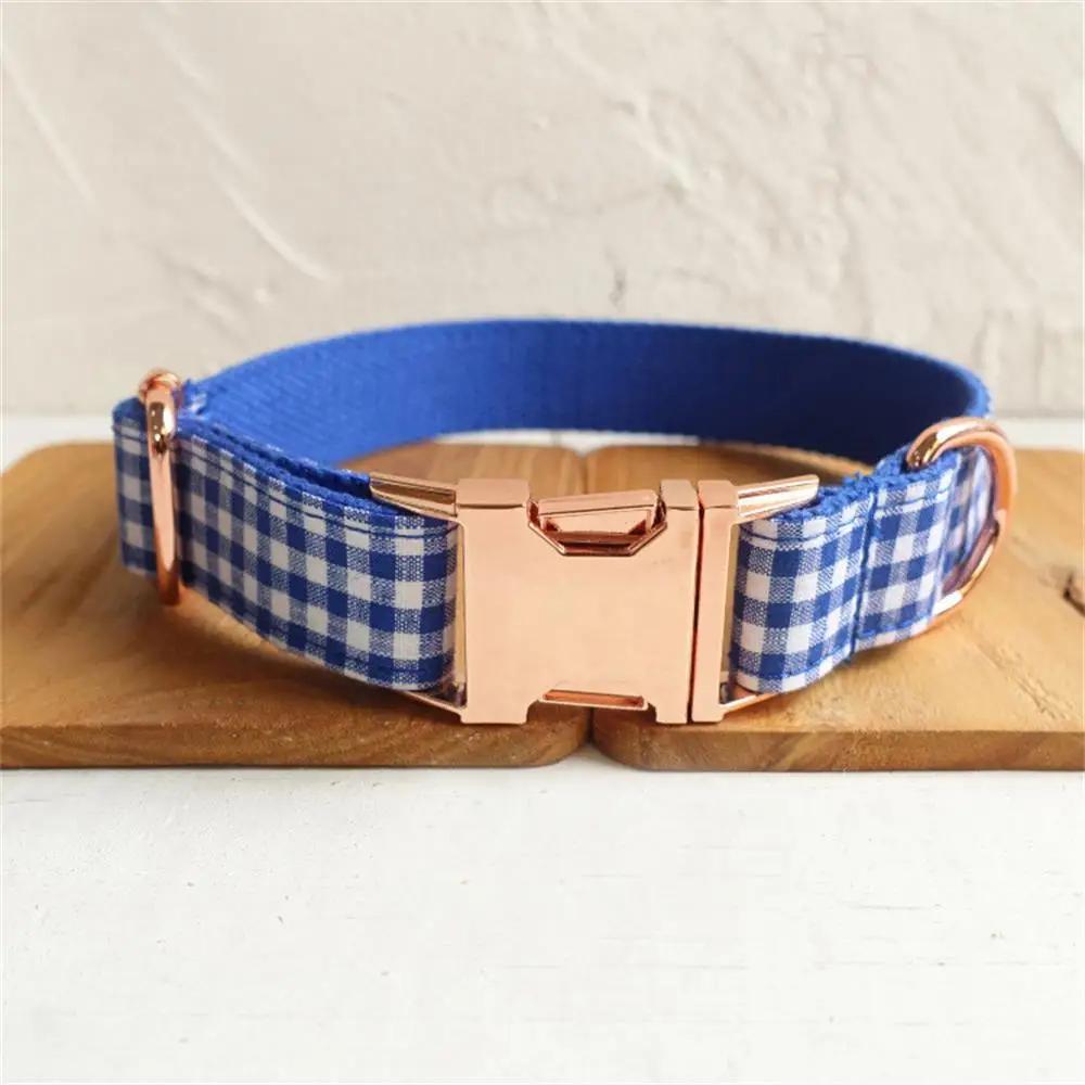 Personalized Dog Collar Customized Engraving Pet Collars ID Nameplate Tag Pet Accessory Blue White Plaid Puppy Collars Leash