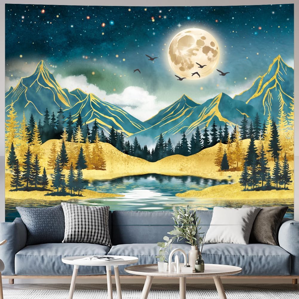 Watercolor Mountain Tapestry Starry Moon Night Tapestries Forest Trees Wall Tapestry Aesthetic Nature Landscape Wall Hanging