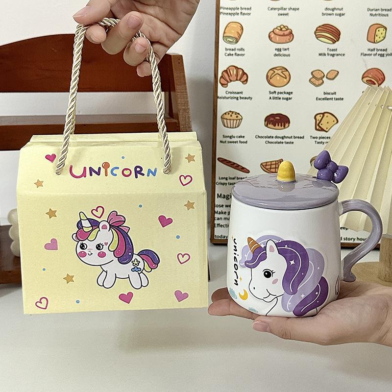 Cute Rainbow Unicorn Ceramic Mug with Lid Spoon Girl Heart Drink Water Cup Office Coffee Cup Gift