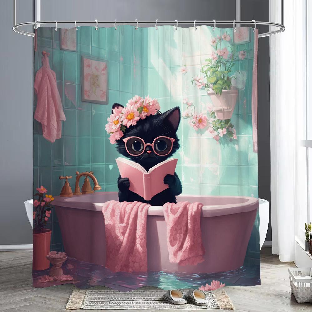 Cartoon Cute Bathing Cat Modern Plants Shower Curtain, Bathroom Decorative Shower Curtain, Waterproof Shower Curtain With Hooks W60H190(CM)-1 Pcs
