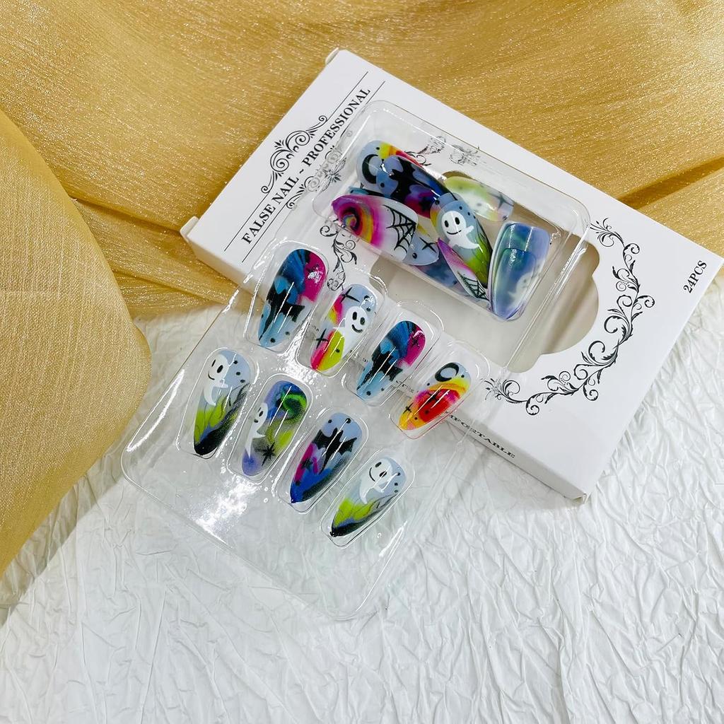 Halloween Press on Nails Medium Almond Fake Nails with Designs Cute Ghost Stick on Nails Rainbow Swirl False Nails Bat Acrylic Nails Cobweb