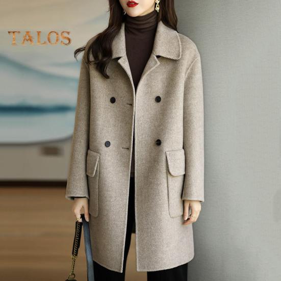 Women Jacket Turn-down Collar Long Sleeves Double-breasted Windbreaker Loose Pockets Mid Length Outdoor Travel Commuting Overcoat