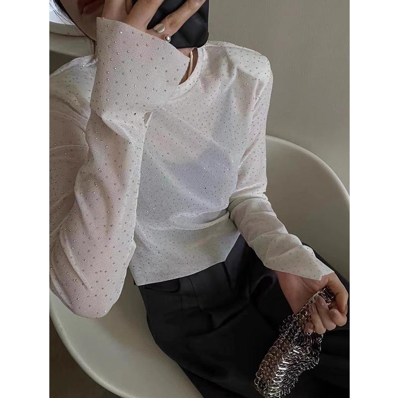 

2025 Весенняя футболка в слегка зрелом стиле с круглым вырезом, подплечниками и манжетами с разрезами S [40-45 kg] грязно-белый