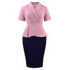 Übergröße Damen Kurzarm Rüschen Farbblock Hoher Bund Bodycon Midi Kleid