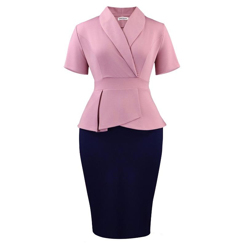 Übergröße Damen Kurzarm Rüschen Farbblock Hoher Bund Bodycon Midi Kleid