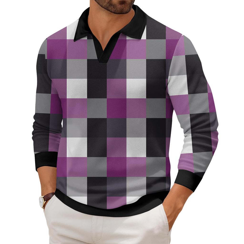 Men's Casual Fashion Printed Lapel Long-sleeved Knitted Bottoming Shirt Top