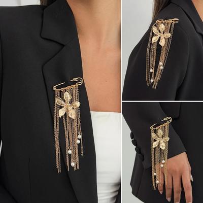 Fashion Metal Flower Pendant Brooch for Women New Charm Multi-Functional Imitation Pearls Tassel Chain Accessory Jewelry