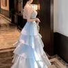 French Blue Glossy Camisole Cake Dress: Slimming Waist, Long Seaside Vacation Style for Girls' Birthday Parties