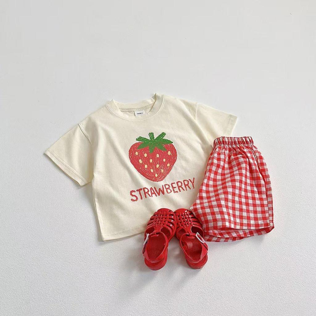Printed Fruit T-shirt Girls Two Piece Set Summer Clothes Fashion Korean Style Children Short Sleeve Tees + Plaid Shorts Outfits