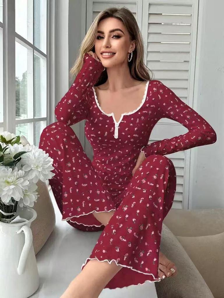 European & American Style Autumn/Winter Sexy Casual Fashion Pajama Set: Women's Long-Sleeve Top and Pants