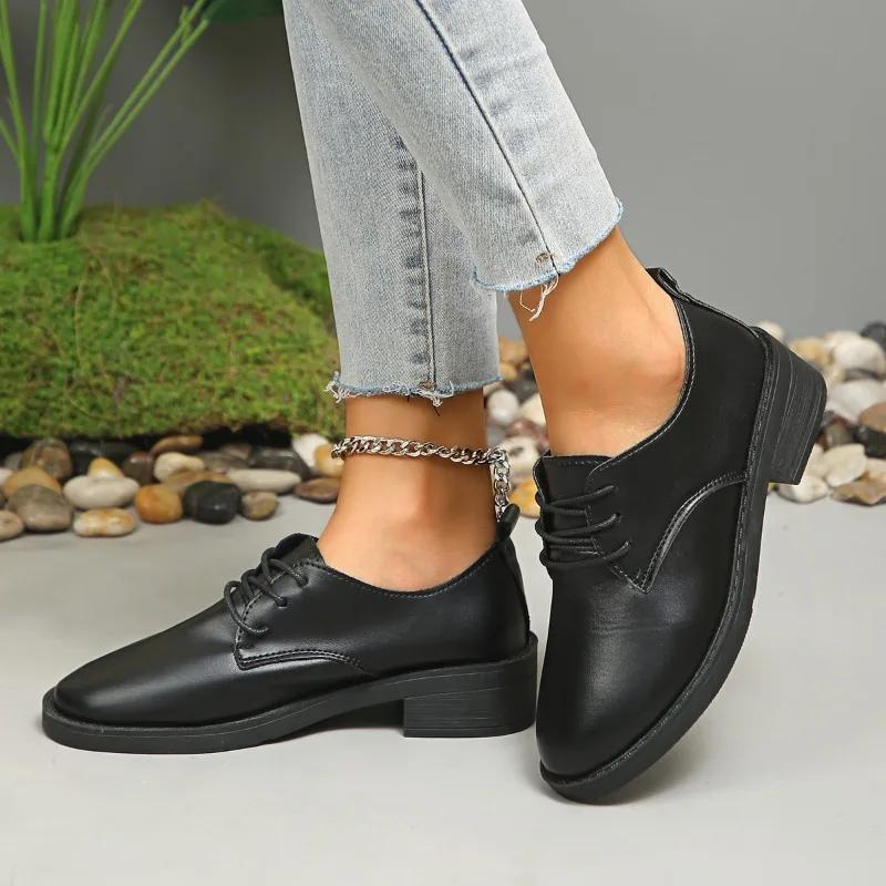 Mode 2024 Frühling und Herbst Hochwertige Damenschuhe Spitzschuh Einfarbig Niedriger Absatz Schnürschuh Lässig Vielseitige Damen Loafer