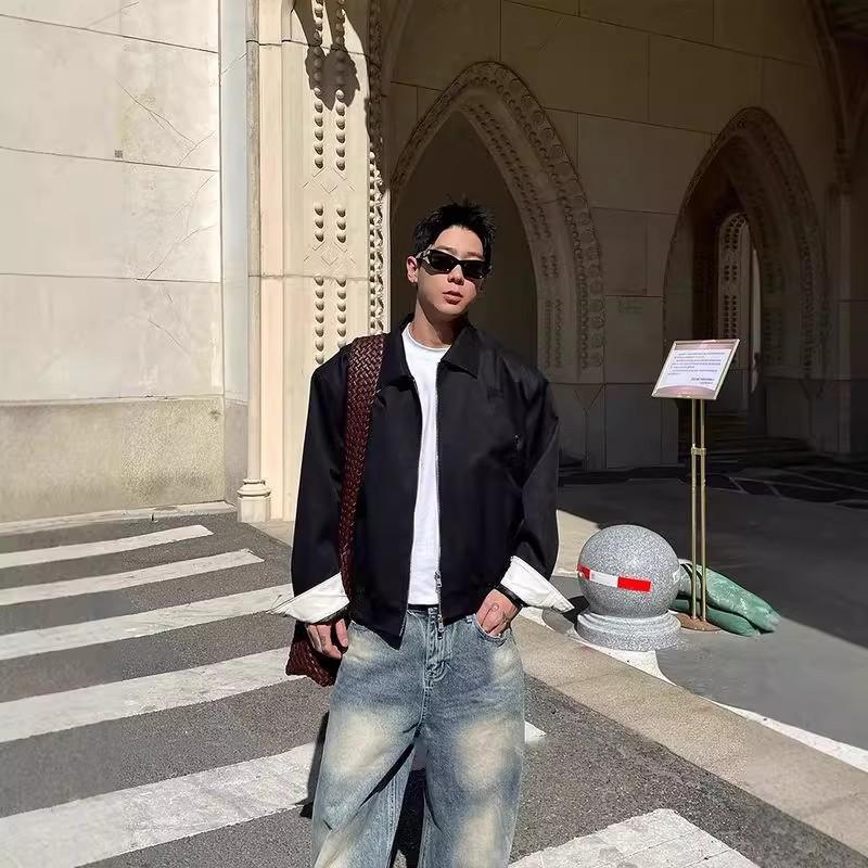 Mens Harrington Jacket Minimalist Style Casual Loose Fit Aviator Coat Solid Color