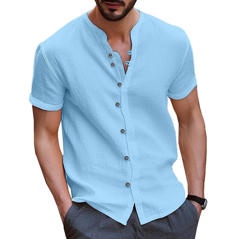 Letnia biała koszula męska bawełniane lniane topy męskie guziki z krótkim rękawem jednokolorowe niebieskie czarne koszule