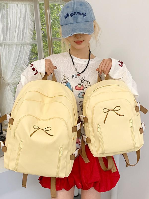 Japanese & Korean Style Cute School Backpack with Bow - Versatile for Middle & High School Students, Casual & Simple Solid Color Design