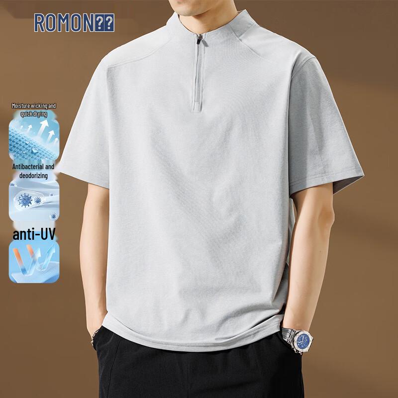 ROMON Men s Ice Silk Stand Collar Short Sleeve T-Shirt XL