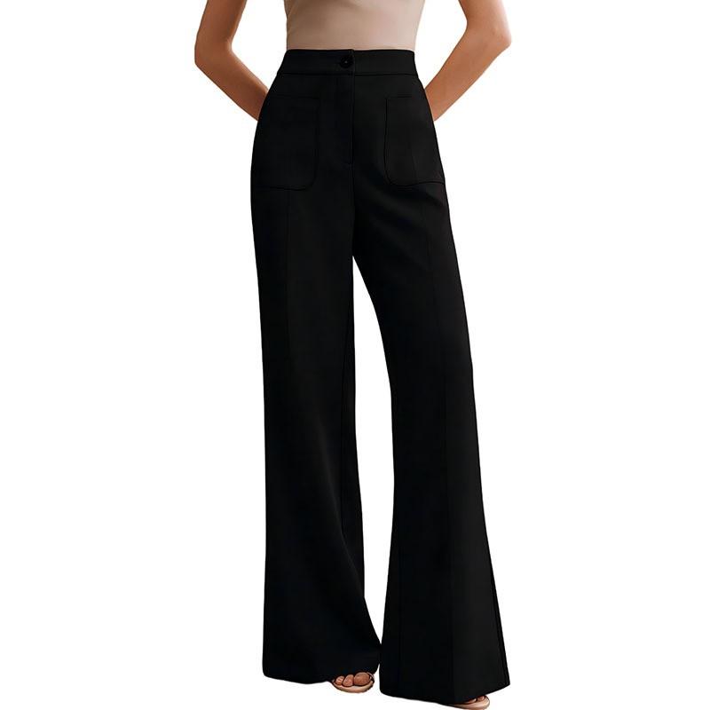 Womens High-Waisted Wide-Leg Trousers With Flared Hem Elegant Office Casual Pants Lightweight Breathable Straight Fit